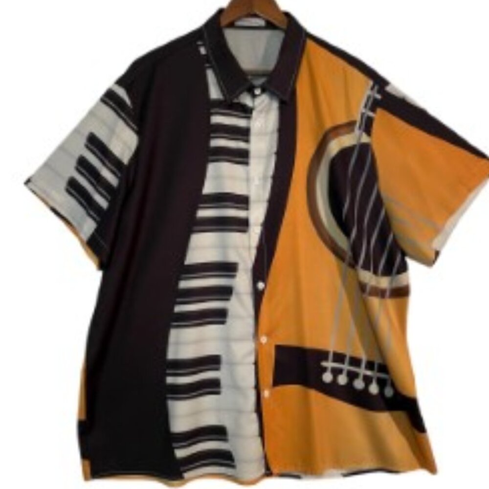 HAWALILI Men’s Music Graphic Button-Up Shirt – Guitar & Piano Print – 3XL